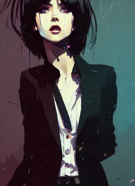 Image similar to a ultradetailed beautiful panting of a stylish woman wearing a shirt with a tie, she has black hair, distressed, background explosion, by ashley wood, ilya kuvshinov, greg rutkowski on artstation