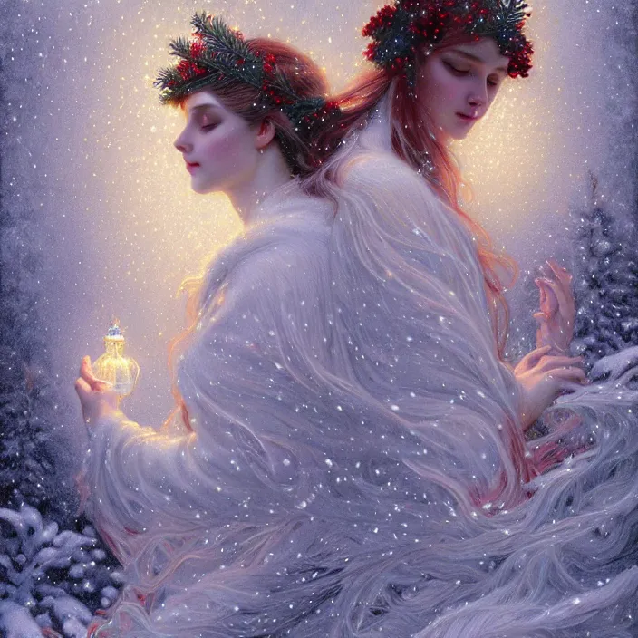 Image similar to psychedelic snowfall Spirit of Christmas, diffuse lighting, fantasy, intricate, elegant, highly detailed, lifelike, photorealistic, digital painting, artstation, illustration, concept art, smooth, sharp focus, art by John Collier and Albert Aublet and Krenz Cushart and Artem Demura and Alphonse Mucha