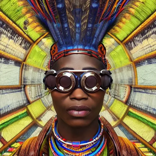 Image similar to colourful vfx upper half - portrait - art of a african tribal chief wearing steam punk goggles, art by utagawa kunisada & james jean, symmetrical, intricate detail, concept art, volumetric light, ray tracing, caricature, digital illustration, octane 3 d render, unreal engine, sharp, pinterest, behance, art station,