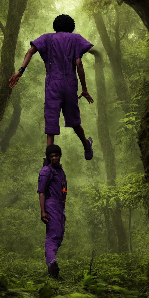 Image similar to black boy with purple afro and orange overalls, walking in a forrest, moody , lovecraft, giger, ridley scott, zack snyder, Fenghua Zhong, realistic cinematic lighting, establishing action shot, ultra detailed, hyper realism, photo, octane render