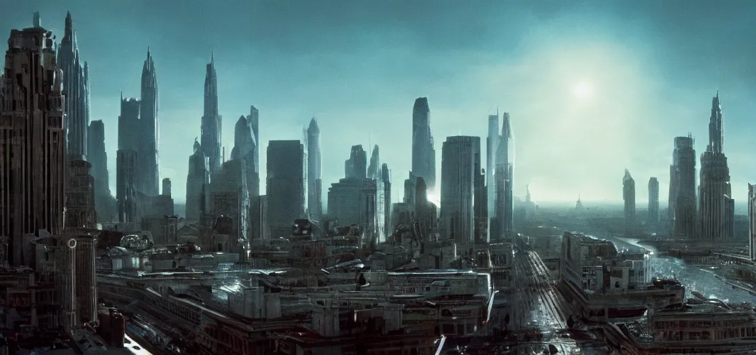 Prompt: very high resolution image from a new movie. a beautiful city landscape, alien invasion. 2 4 mm, photorealistic, photography, directed by stanley kubrick