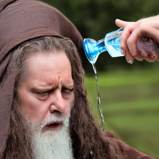 Image similar to face of a frustrated wizard drinking water