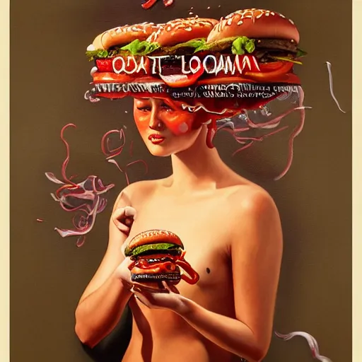 Image similar to detailed full body concept art illustration oil painting of youtuber unboxing hamburgers, extra ketchup, bacon lettuce and tomatos, oriental art nouveau, frock, mid body, radiant halo of light, black gold smoke ink, woman covered in sliced tomatos and onions, peter mohrbacher, artgerm