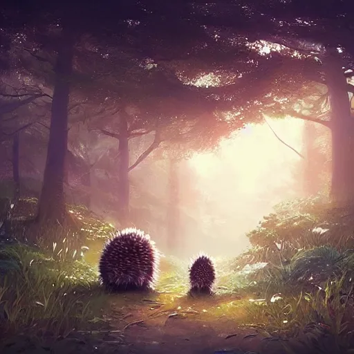 Prompt: a family of hedgehogs in the forest, in the style of makoto shinkai and greg rutkowski and james gurney