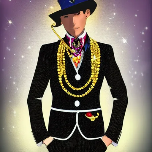 Prompt: /A very handsome jewelpunk young man. A Jewelpunk society would be one of gleaming perfection, where every surface is adorned with sparkling gems and jewelry. The skies would be a rainbow of colors, as light reflecting off of the endless gems creates a spectrum of hues. The people would be impeccably dressed, with each outfit adorned with jewels that match their personality and status. Even the weapons and other tools would be made out of precious metals and gems, adding to the overall air of opulence. Men are sexualized more than women