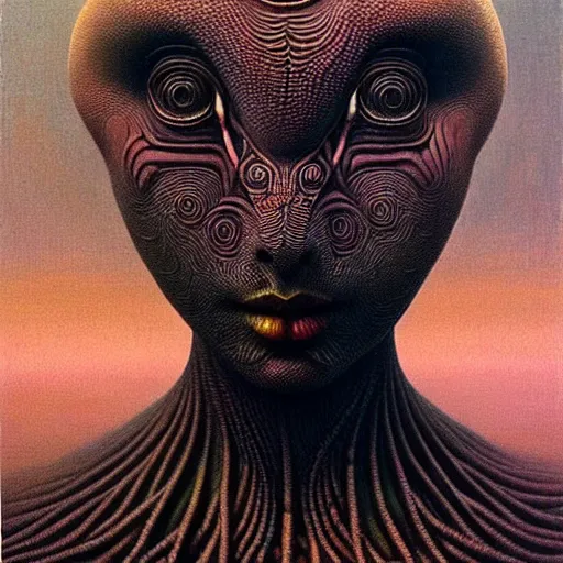 Image similar to ultra realist soft painting of a single attractive alien female, black scales, very intricate details, artstyle Zdzisław Beksiński, award winning