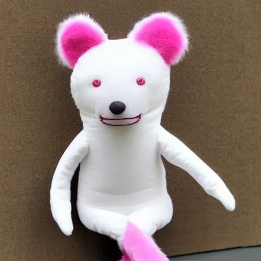 Image similar to a creepy white - and - pink coati plushie made with rough fabric and wearing a shirt