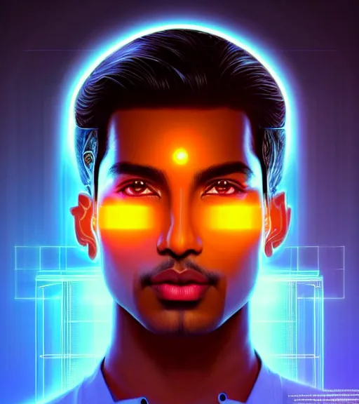 Image similar to symmetry!! indian prince of technology, solid cube of light, hard edges, product render retro - futuristic poster scifi, lasers and neon circuits, brown skin handsome indian prince, intricate, elegant, highly detailed, digital painting, artstation, concept art, smooth, sharp focus, illustration, dreamlike, art by artgerm