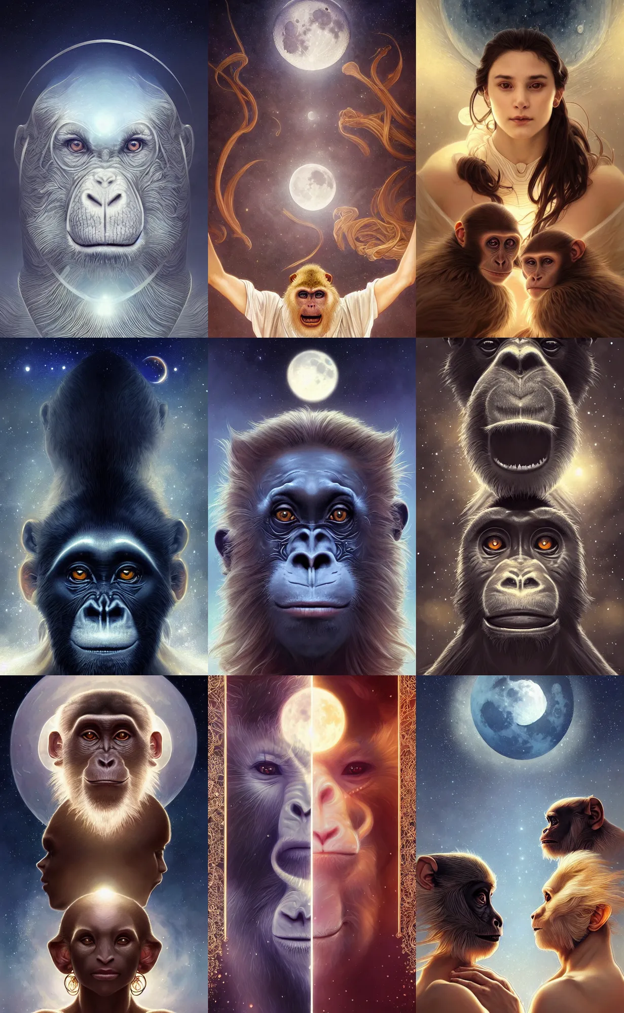 Prompt: symmetry!! ultra realistic portrait of primates made of smoke fumes!! moon and galaxy in background!, intricate, elegant, highly detailed, digital painting, artstation, concept art, smooth, sharp focus, illustration, art by artgerm and ross tran and greg rutkowski and alphonse mucha, 8 k