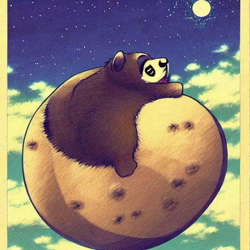 Image similar to a japanese tanuki flying in the sky with large balls, anime art style, ghiblie, miyazaki, beautiful, high detail