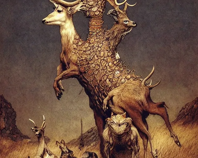 Image similar to Lama, Deer, Dog, Horse combined; fantastic sick damned mutant beast skin-with-inflated-blisters by Beksinski, Arthur Rackham, Eugene de Blaas, Dariusz Zawadzki, Wayne Barlowe