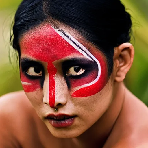 Image similar to portrait of a stunningly beautiful asian tribal female, minimal red facepaint over the eyes in a stripe, depth of field, zeiss lens, detailed, symmetrical, centered, fashion photoshoot, by Annie Leibovitz and Steve McCurry, David Lazar, Jimmy Nelsson, Breathtaking, 8k resolution, extremely detailed, beautiful, establishing shot, artistic, hyperrealistic, beautiful face, octane render