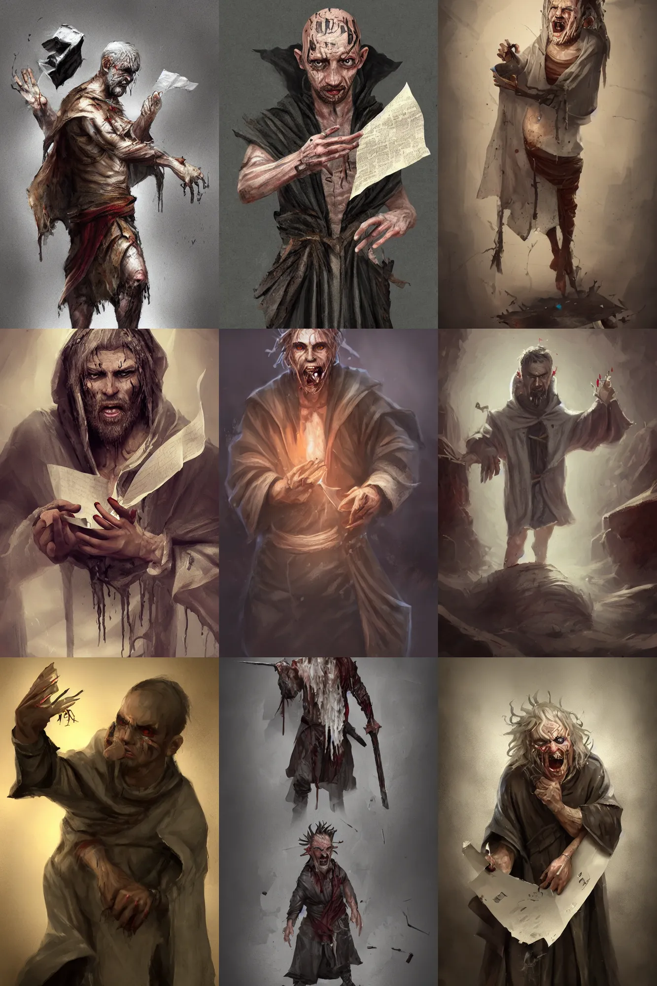 Prompt: A deranged tiny filthy man wearing long dark damaged ripped robes showing a magic paper scroll, long fingernails, unclipped fingernails, sharp fingernails, focus on face, sharp focus, digital painting, trending on artstation, concept art, fantasy, medieval