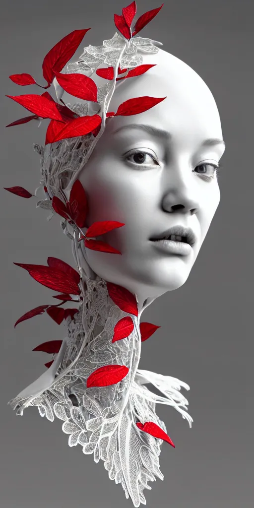 Image similar to complex 3d render ultra detailed of one single beautiful porcelain profile woman face, mechanical cyborg, 150 mm, accent lighting, beautiful studio soft light, rim light, silver gold red details, luxurious, magnolia big filigran ultra detailed leaves and stems, roots, Alexander Mcqueen haute couture, fine foliage lace, mesh wire, beautiful background, filigran intricate details, hyperrealistic, mandelbrot fractal, anatomical, silver metal armor, facial muscles, cable wires, microchip, elegant, white background, beautiful white teeth, beautiful lips, octane render, H.R. Giger style, 8k