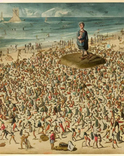 Image similar to the gigantic clothed body of gulliver, a young man from the early 1 7 th century, lies unconscious on a lilliputian beach, surrounded by thousands of tiny lilliputians wearing strange clothes. gulliver is dressed in early 1 7 th century male clothing designed in the style of sandy powell. hyperreal and cinematic, photorealistic, gulliver ’ s travels