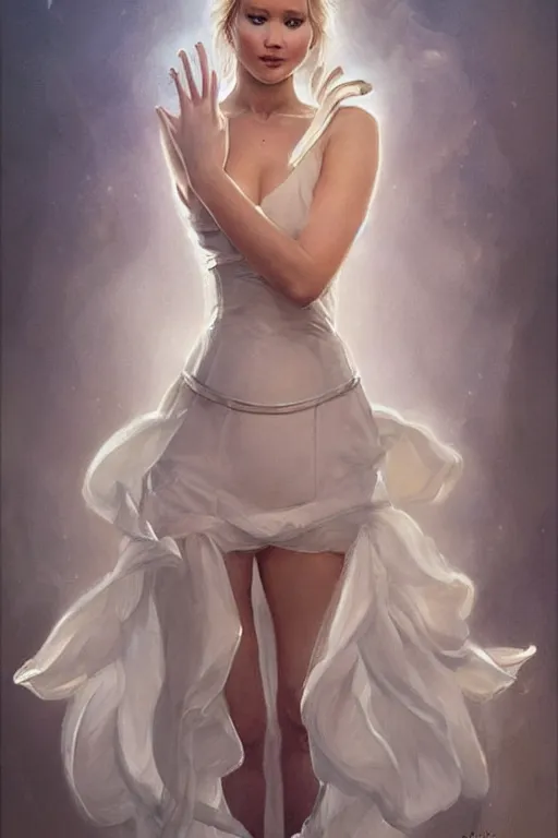 Image similar to Jennifer Lawrence as Queen wearing a White Dress, anatomy, only two hands, highly detailed, digital painting, artstation, concept art, smooth, sharp focus, illustration, Unreal Engine 5, 8K, art by art by artgerm and greg rutkowski and edgar maxence