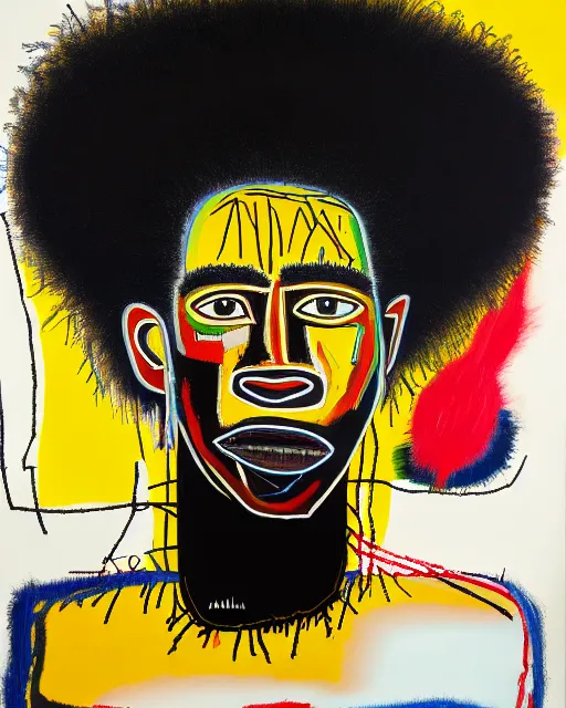 Image similar to A extremely ultra highly detailed majestic hi-res beautiful immaculate head and shoulders award winning painting stunning masterpiece of the face of a strong black african man with an afro by Jean-Michel Basquiat, 8k, high textures, ultra hyper sharp, insanely detailed and intricate, super detailed, 8k HDR ultra high quality