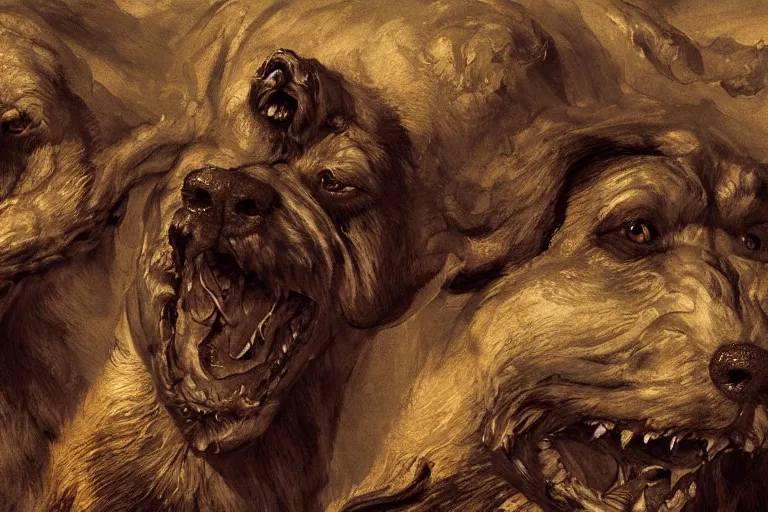 Prompt: hyperdetailed matte art of a three headed dog cerberus by william blake, greg rutkowski, amano, rene magritte, craig mullins, three headed dog cerberus, details