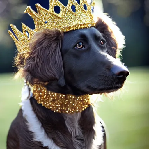 Prompt: A very realistic photograph of a dog wearing a golden crown with gems.