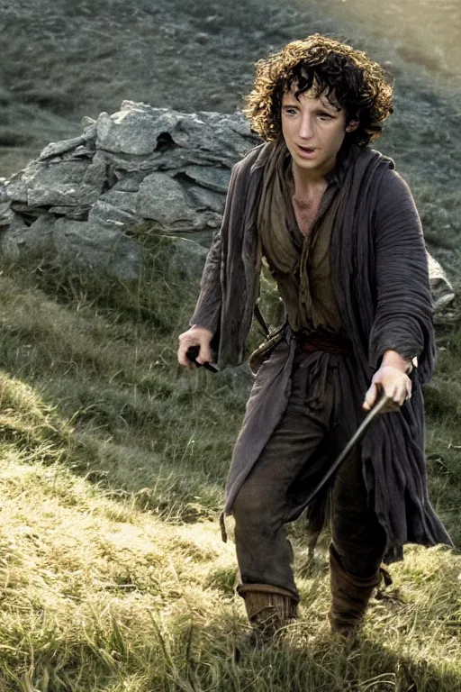 Image similar to film still of bruce springsteen as frodo baggins in lord of the rings movie, glamour pose, dramatic lighting, octane, volumetric lighting, 8 k