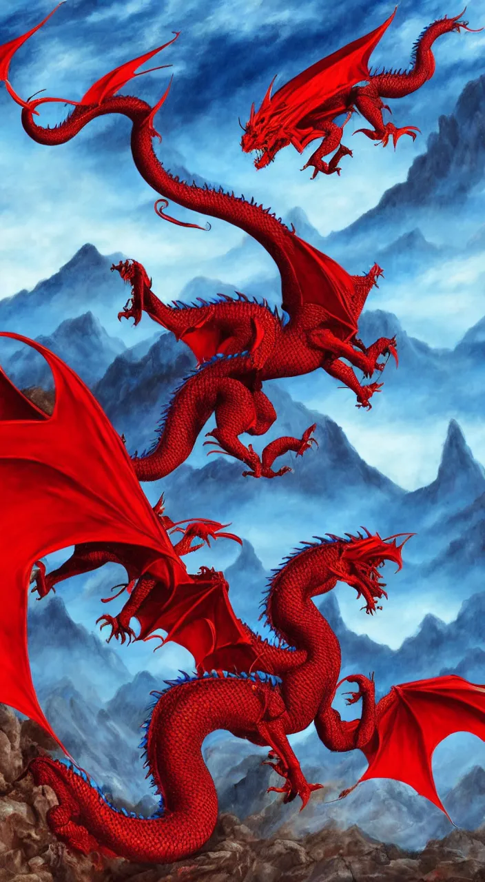 Prompt: a red dragon fighting a blue dragon with mountains in the background