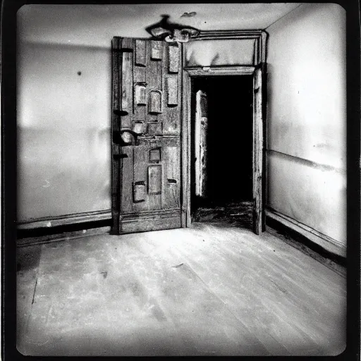 Prompt: dark room with a monster peering out of a trap door in the floor, distuburbing, horror, nightmare, terrifying, surreal, nightmare fuel, old polaroid, blurry, expired film, lost footage, found footage,