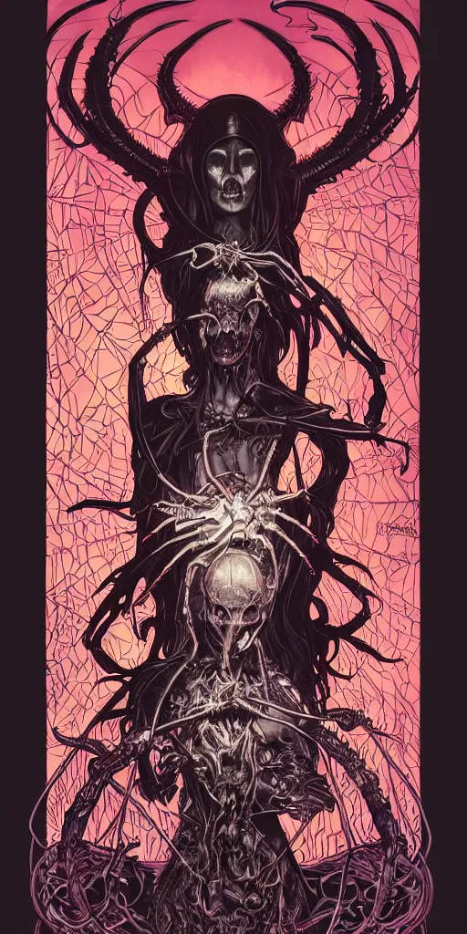 Image similar to intense glowing black metal pagan god with horns and spider eyes and spider legs with a skull in very dark void by josan gonzales and moebius and alphonse mucha, portrait, studio muti, malika favre, rhads, makoto