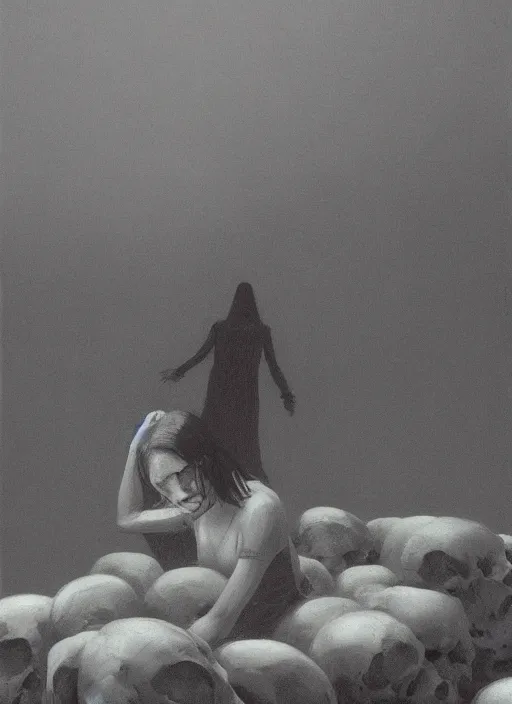 Prompt: woman sitting on a pile of skulls, snowing night by Edward Hopper and James Gilleard, Zdzislaw Beksinski, Katsuhuro Otomo highly detailed