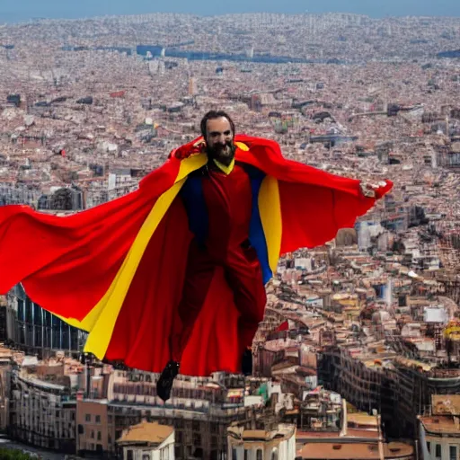 Image similar to santigo abascal flying over barcelona wearing a red and yellow cape