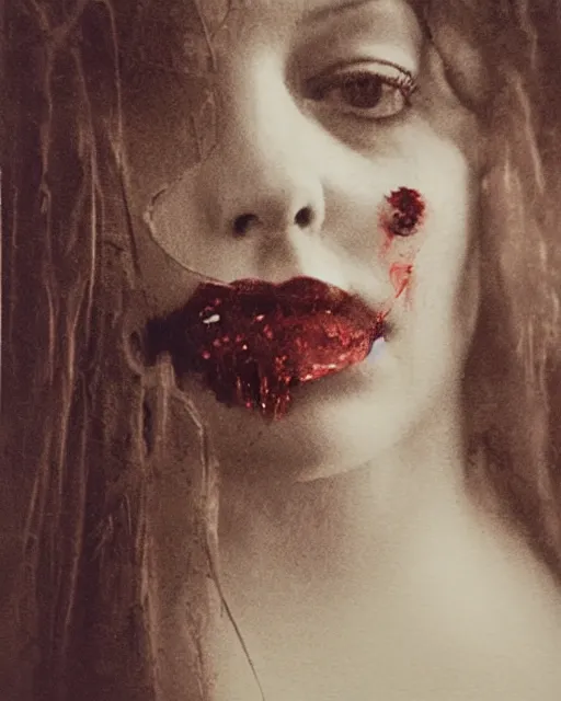 Prompt: an instant photo of a beautiful but sinister woman in layers of fear, with haunted eyes and tangled dark hair, 1 9 7 0 s, seventies, delicate embellishments, a little blood, crimson, painterly, offset printing technique, mary jane ansell