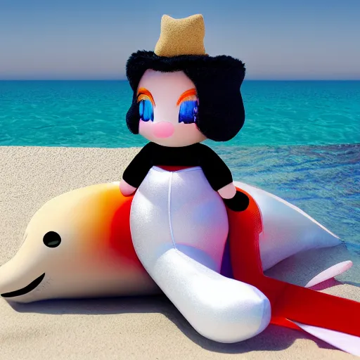 Image similar to cute fumo plush of a girl on the beach with a large inflatable dolphin, lens flare, vray