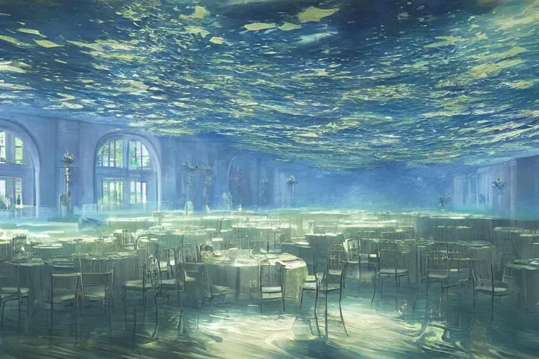 Prompt: flooded ballroom, underwater view, wide shot, cinematic, realistic painting, very detailed