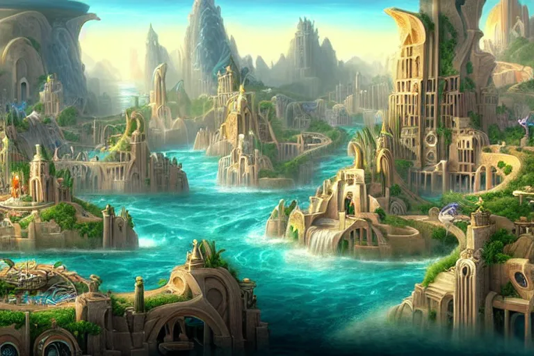 Image similar to a beautiful complex insanely detailed matte painting of the magical city of Atlantis by Heironymous Bosch and Tyler Edlin