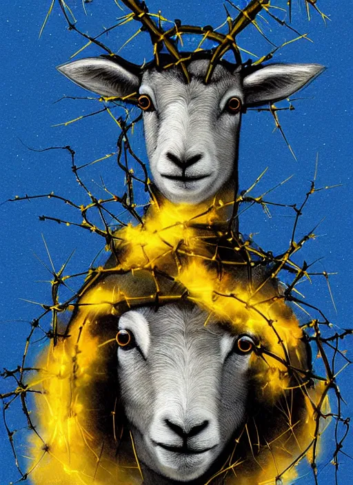 Image similar to a painting of a lamb's face with blue and yellow smoke coming out of, wearing a crown of thorns, a digital painting by petros afshar, behance contest winner, digital art, behance hd, digital illustration, digital painting