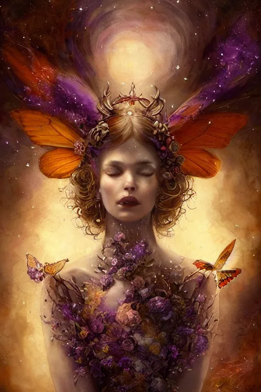 Prompt: breathtaking detailed soft painting of full shot butterfly queen with a golden headpiece, amethyst moon wings, gauze dress draped of blood and constellations and nebulae in the background, rembrandt style, elegant, highly detailed, artstation, concept art, matte, sharp focus, art by tom bagshaw, seb mckinnon and greg rutkowski