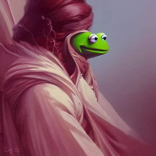 Image similar to “Kermit the Frog, elegant, beautiful, fire hair, sword, big eyes, fantasy, highly detailed, digital painting, artstation, concept art, sharp focus, illustration, art by artgerm and greg rutkowski and Alphonse mucha”