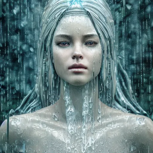 Prompt: photorealistic image of a beautiful goddess of rain, made of water, wet, stunning 3 d render, by istvan sandorfi and greg rutkowski, perfect facial symmetry, realistic, highly detailed attributes and atmosphere, dim volumetric cinematic lighting