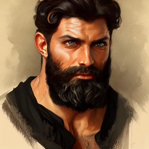 Prompt: Portrait of male bedouin D&D, amber eyes, face, muscular, fantasy, intricate, elegant, thick beard highly detailed, digital painting, artstation, concept art, smooth, sharp focus, illustration, art by artgerm and greg rutkowski and alphonse mucha
