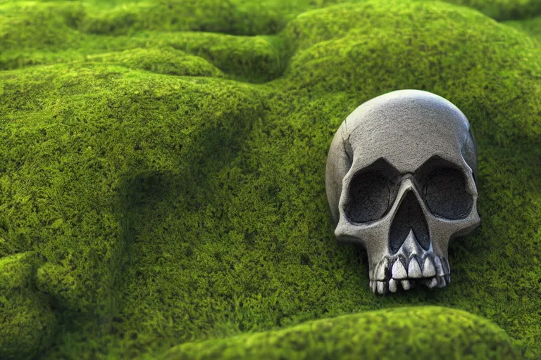 Prompt: Skull in the grass, moss, rocks, realism, 3d render, unreal engine