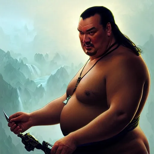 Image similar to Obese Steven Seagal, fantasy, intricate, elegant, highly detailed, digital painting, artstation, concept art, matte, sharp focus, illustration, art by Artgerm and Greg Rutkowski and Alphonse Mucha