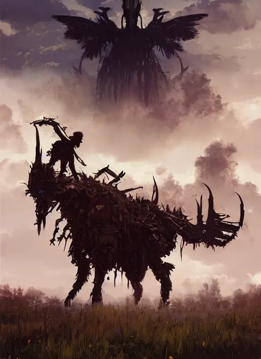 Image similar to !dream Environmental Art, Horizon Zero Dawn silhoutte, archer, atmospheric environment, Character Design, demonic presence, Holy Heavenly Host Divine Angelic Army. Beeple, grimshaw, thomas cole, ismail inceoglu, winslow homer, greg rutkowski, gerald brom, marc simonetti, simon stalenhag, anton fadeev, donglu yu