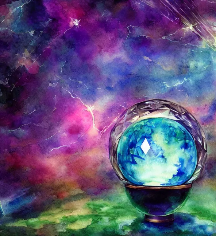 Prompt: a magical and exquisite fantasy watercolor and ink illustration of an intricate and faceted crystal ball with a world inside of it + dissolving in to light + prism + god rays + dramatic lightning + backlit + specular highlights + ambient occlusion + global illumination + bump map + reflective + caustics + refractive + unreal engine 5 + DOF + sharp focus + watercolor artwork by Alvaro Castagnet