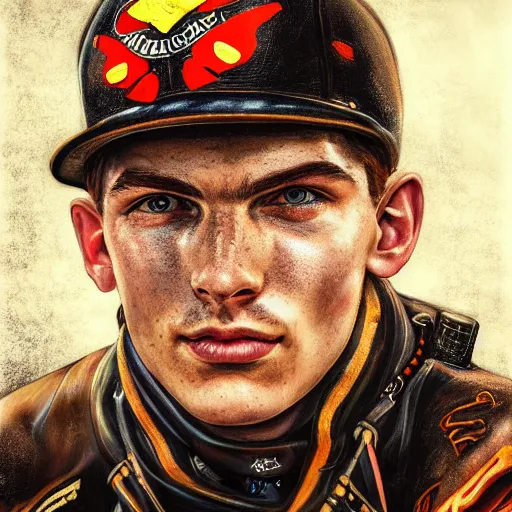 Prompt: portrait of max verstappen, face to camera, steampunk art, realistic face,, super high detail, super high quality, talented artist, trending on artstation, machinarium