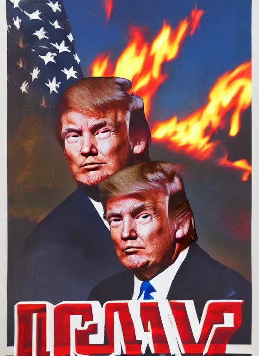 Image similar to an 8 0's john alvin action movie poster of donald trump starring in trumpster fire. dumpster explosions.