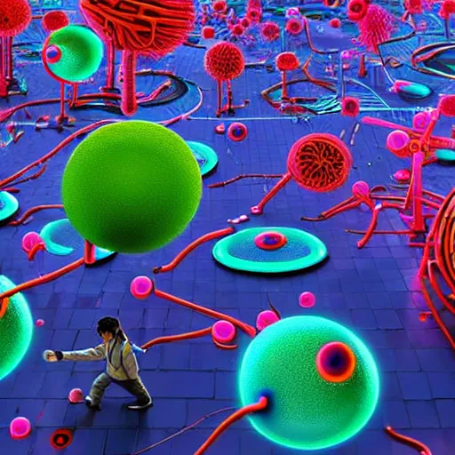 Image similar to giant colorful bright microbe and virus and dna and bacteriophage eat people in streets, neo - tokyo, realistic, 8 k, ultra detailed