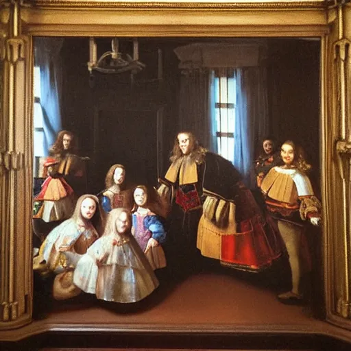 Image similar to oil canva family portrait in the main room of the castle painted in 1 6 5 6, dark room, one point of light coming through the window inspired by las meninas, spaces between subjects, detailed and realistic faces for each person in the canva, inspired by diego velasquez better quiality