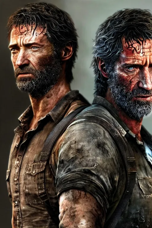 Image similar to realistic photo of Hugh Jackman as Joel in The Last of Us, highly detailed portrait,