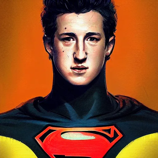 Prompt: portrait of a superhero by greg rutkowski, he looks like miles teller, he is wearing a black, orange and yellow kevlar gear, highly detailed portrait, digital painting, artstation, concept art, smooth, sharp foccus ilustration, artstation hq