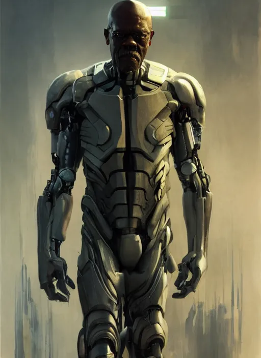 Image similar to samuel l. jackson as victor stone, full body concept, cyborg, borg, strogg, face of a man, terminator, flesh, quake strogg, doom demon, wolfenstein, monstrous, powerful, symmetry, symmetrical, concept art by ruan jia and greg rutkowski