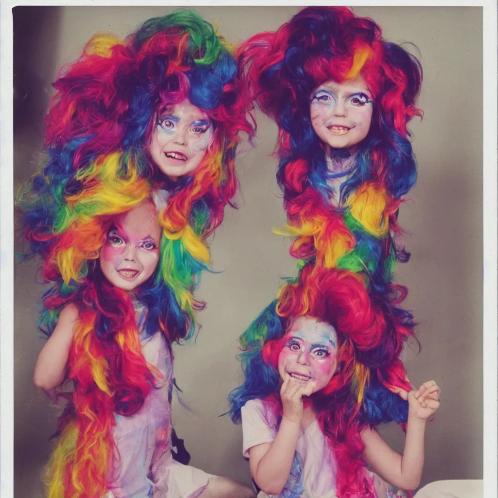 Image similar to a funny humanoid with big colorful hair wearing exaggerated makeup and colorful oversized garments, full body portrait, at a child's birthday party, polaroid